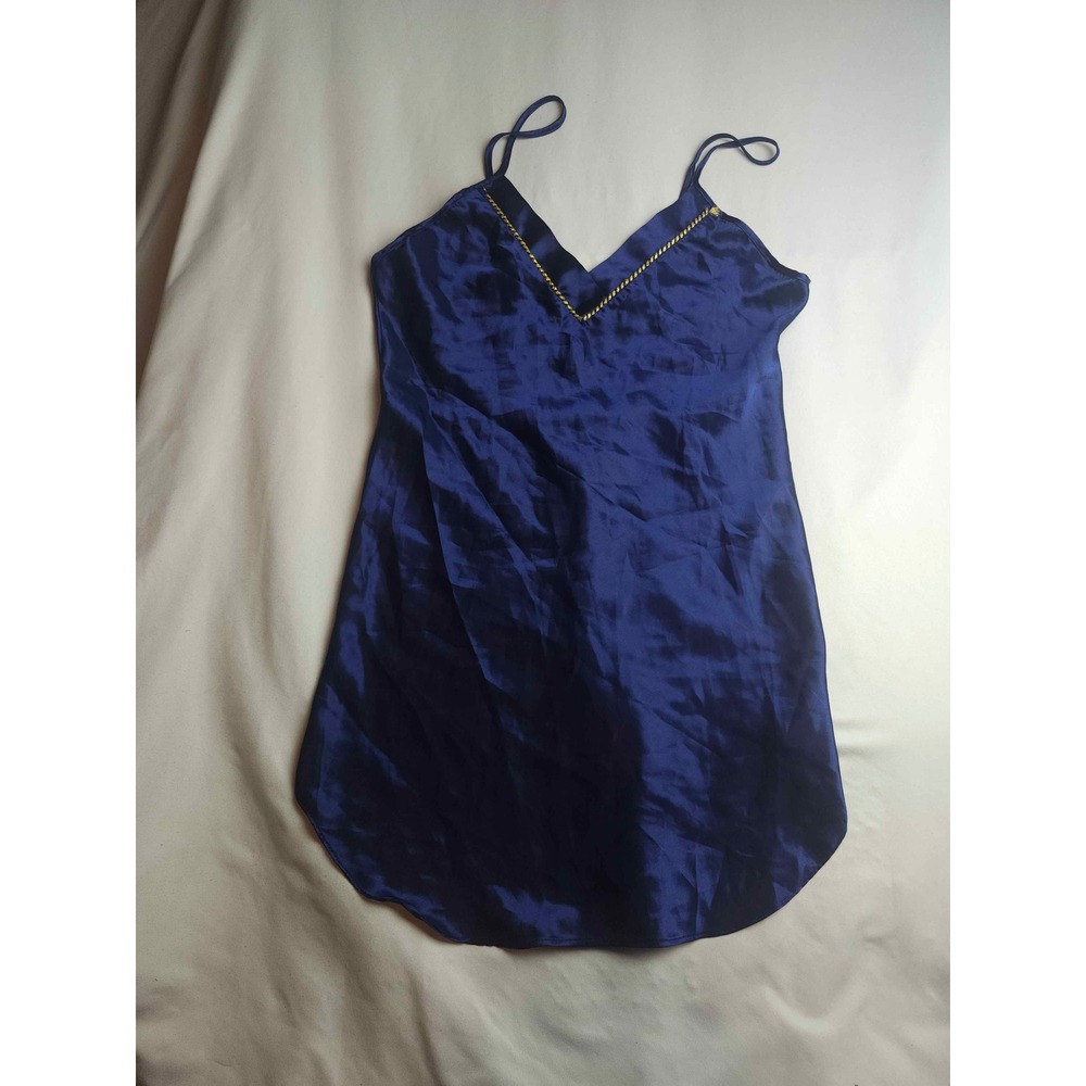Kathryn Navy Blue Satin Chemise Nightgown Gold Chain Trim‎ Sleepwear Small